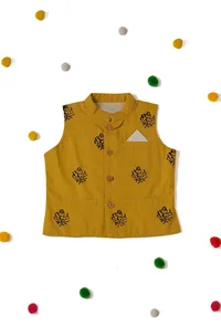 Mischievous Tuscan Yellow Cotton Handblock Nehru Jacket image 1