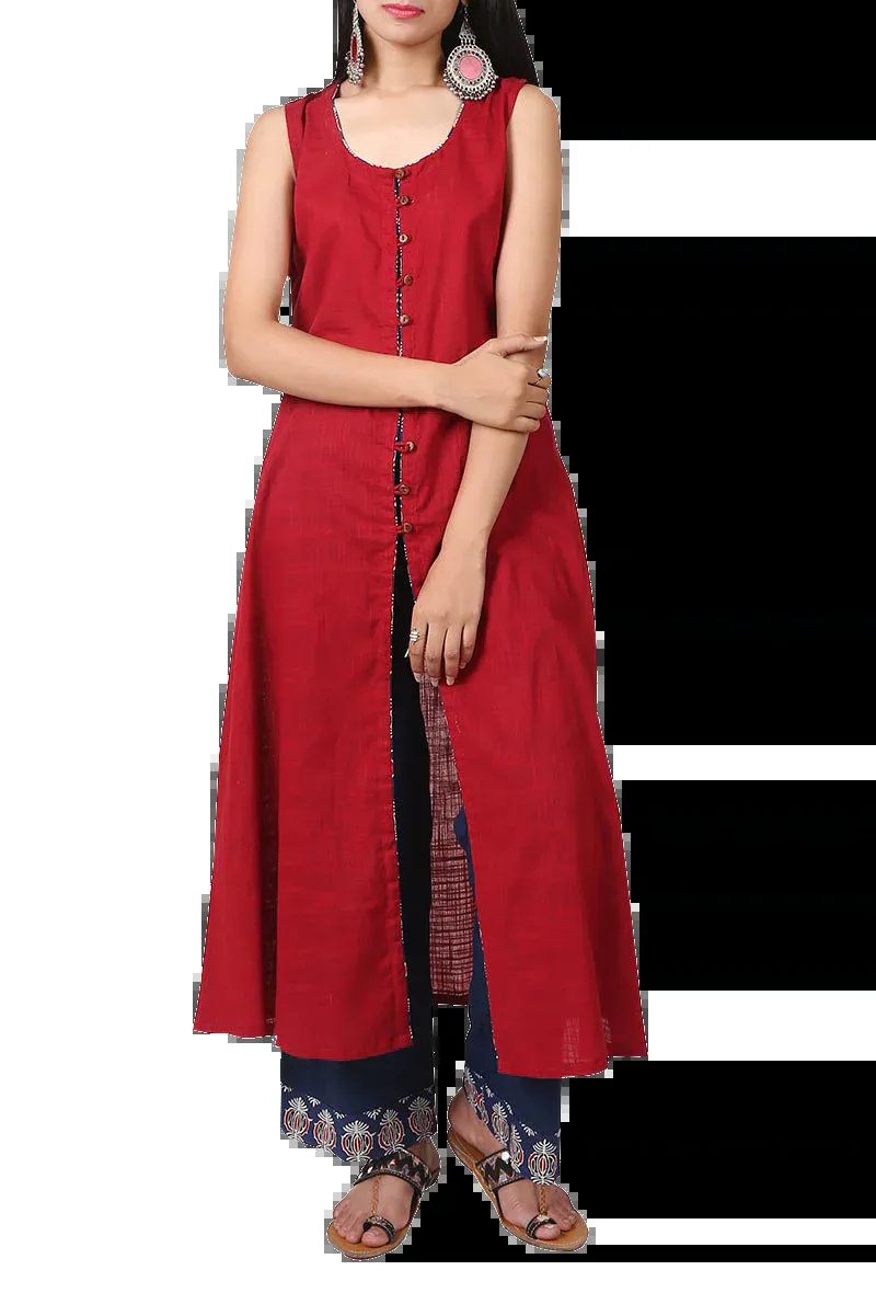 Bright Red Cotton Slub Cape With Tie-up Detailing