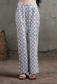 Blue And White Block Printed Cotton Palazzos image 1