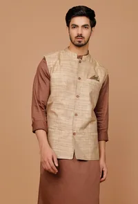 Tan Khaki Matka Silk Nehru Jacket image 1
