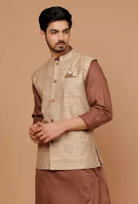 Tan Khaki Matka Silk Nehru Jacket image 2