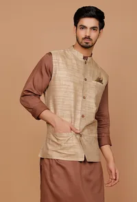 Tan Khaki Matka Silk Nehru Jacket image 3