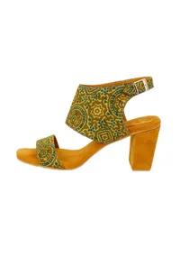 Mustard Yellow Cotton Ajrakh Strappy Block Heels image 2