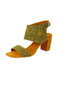 Mustard Yellow Cotton Ajrakh Strappy Block Heels image 4
