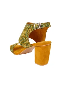 Mustard Yellow Cotton Ajrakh Strappy Block Heels image 6