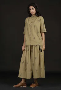 Set of 2: Okra Beige Handblock Top and Flared Skirt image 2