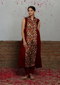Set Of 2: Maroon Kalamkari  Plated Kurta With Narrow Pants image 1