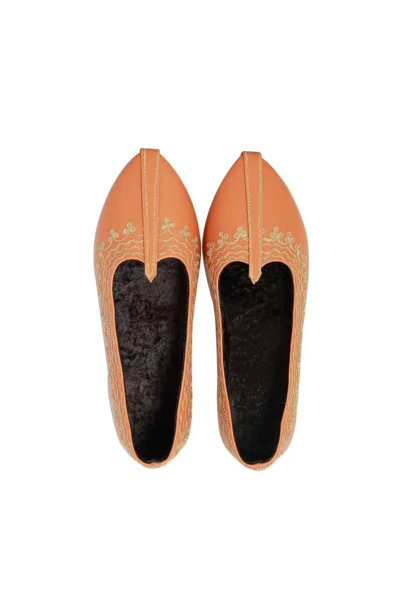 Orange Zari Aari Embroidered Juttis