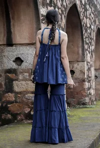 Set Of 2:Vrinda Indigo Tier Short Kurti & Sharara Pants image 2