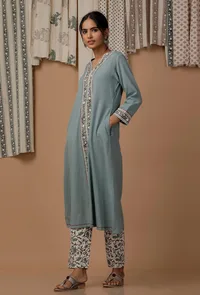 Pastel Blue Handblock Cotton Flex  Kurta image 2
