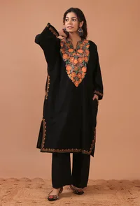 Black Woolen Ari Embroidered Phiran- Free Size image 1