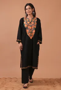 Black Woolen Ari Embroidered Phiran- Free Size image 2