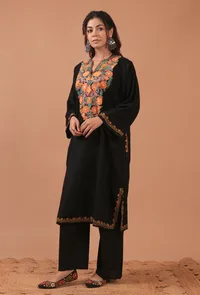 Black Woolen Ari Embroidered Phiran- Free Size image 3