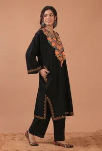 Black Woolen Ari Embroidered Phiran- Free Size image 4