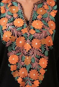 Black Woolen Ari Embroidered Phiran- Free Size image 6