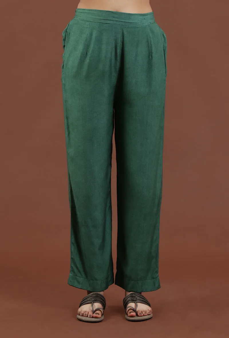 Emerald Green Solid Shantoon Straight Pant