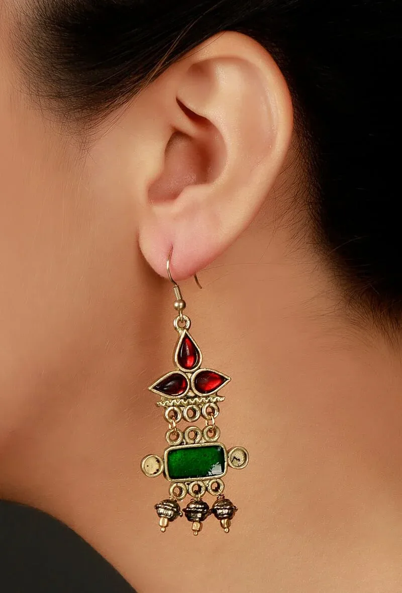 Green-Red German Silver Afghan Earrings