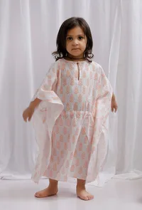 Orange Block Printed Side Tie Up Cotton Kaftan image 1