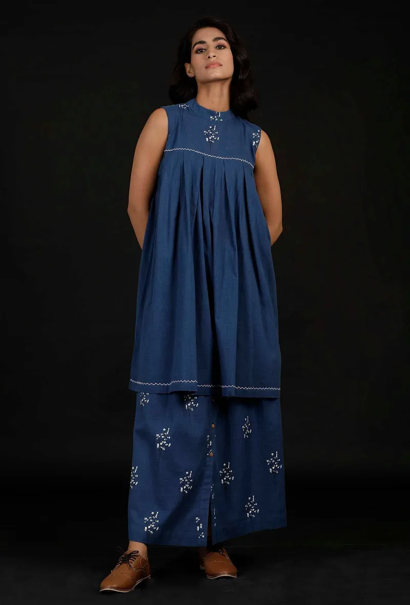 Prussian Blue Hand Detailed Kurta