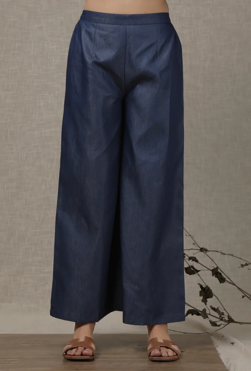 Denim blue color chambray flared pant