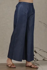 Denim blue color chambray flared pant image 2