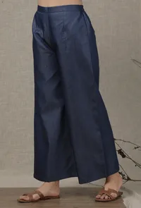 Denim blue color chambray flared pant image 3