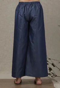 Denim blue color chambray flared pant image 4