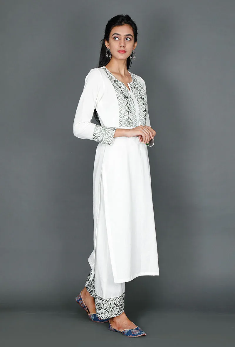 Set of 2: White Kurta & Palazzo With Olive Green Kantha Work