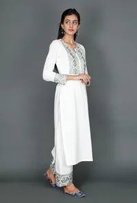 Set of 2: White Kurta & Palazzo With Olive Green Kantha Work image 1