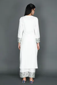 Set of 2: White Kurta & Palazzo With Olive Green Kantha Work image 3