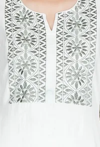 Set of 2: White Kurta & Palazzo With Olive Green Kantha Work image 5