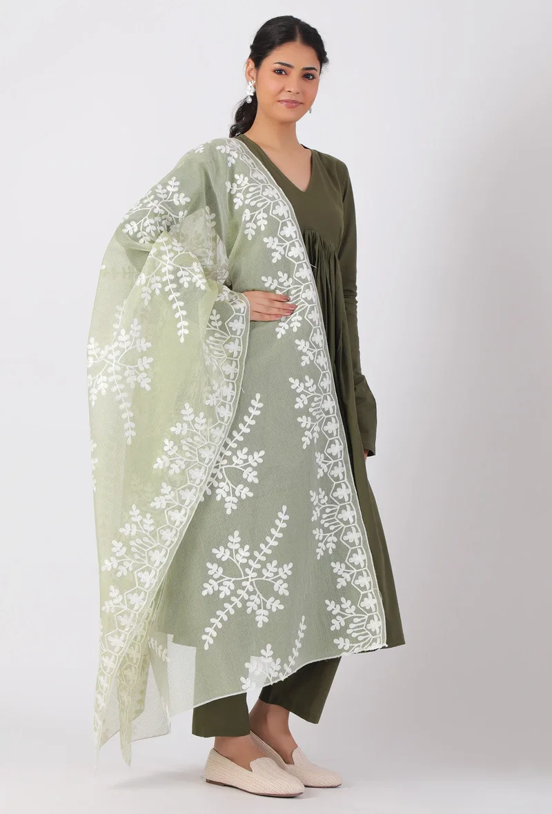 Tea Green Chickoo Net Dupatta