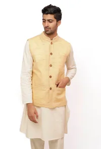 Fawn Creme Matka Silk Nehru Jacket image 2