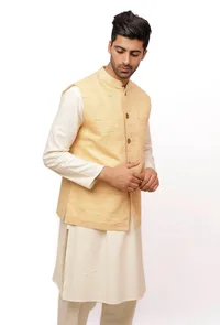 Fawn Creme Matka Silk Nehru Jacket image 3