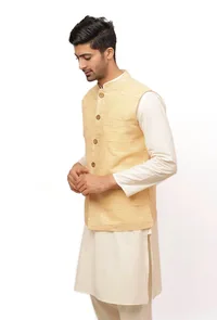 Fawn Creme Matka Silk Nehru Jacket image 4