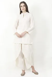 Ivory Cotton Slub Short Kurta With Dhoti image 1