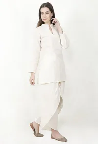 Ivory Cotton Slub Short Kurta With Dhoti image 2