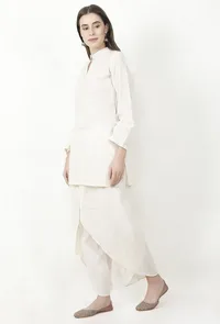 Ivory Cotton Slub Short Kurta With Dhoti image 3