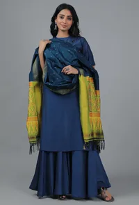 Midnight Blue & Lemon Yellow Ikat Dupatta image 1