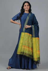 Midnight Blue & Lemon Yellow Ikat Dupatta image 2