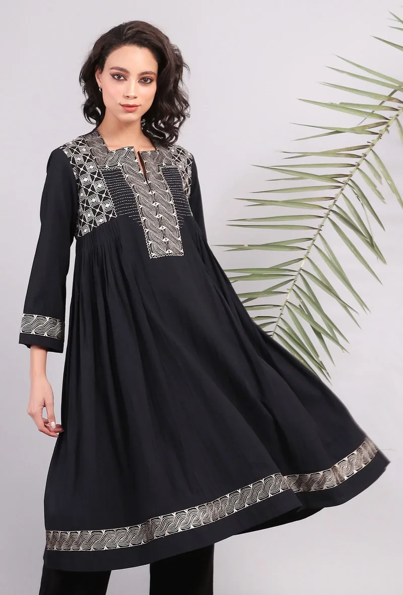 Black Kantha Embroidered Side Pleated Kurta