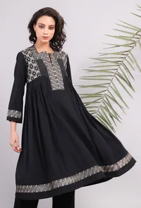 Black Kantha Embroidered Side Pleated Kurta image 1