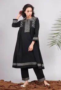 Black Kantha Embroidered Side Pleated Kurta image 2