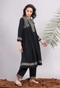 Black Kantha Embroidered Side Pleated Kurta image 3