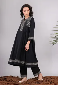 Black Kantha Embroidered Side Pleated Kurta image 4