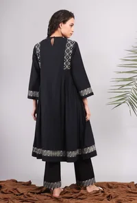 Black Kantha Embroidered Side Pleated Kurta image 5