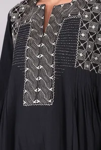 Black Kantha Embroidered Side Pleated Kurta image 6