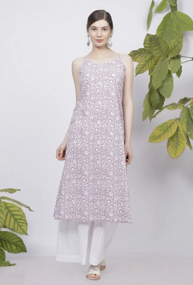 Set of 2: Lilac Floral Hand-Block Printed Cotton Slip with White Palazzo