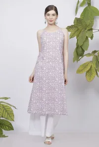 Set of 2: Lilac Floral Hand-Block Printed Cotton Slip with White Palazzo image 1