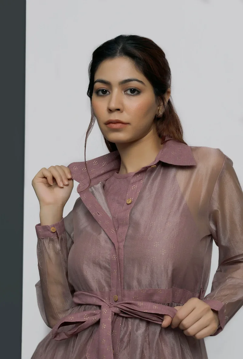 Onion Pink Organza Long Buttoned Shirt Dress with Belt